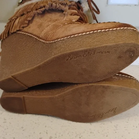 Fringe Suede Wedge Boots - Brown SAM  EDELMAN Size 8.5 Women - Picture 6 of 6